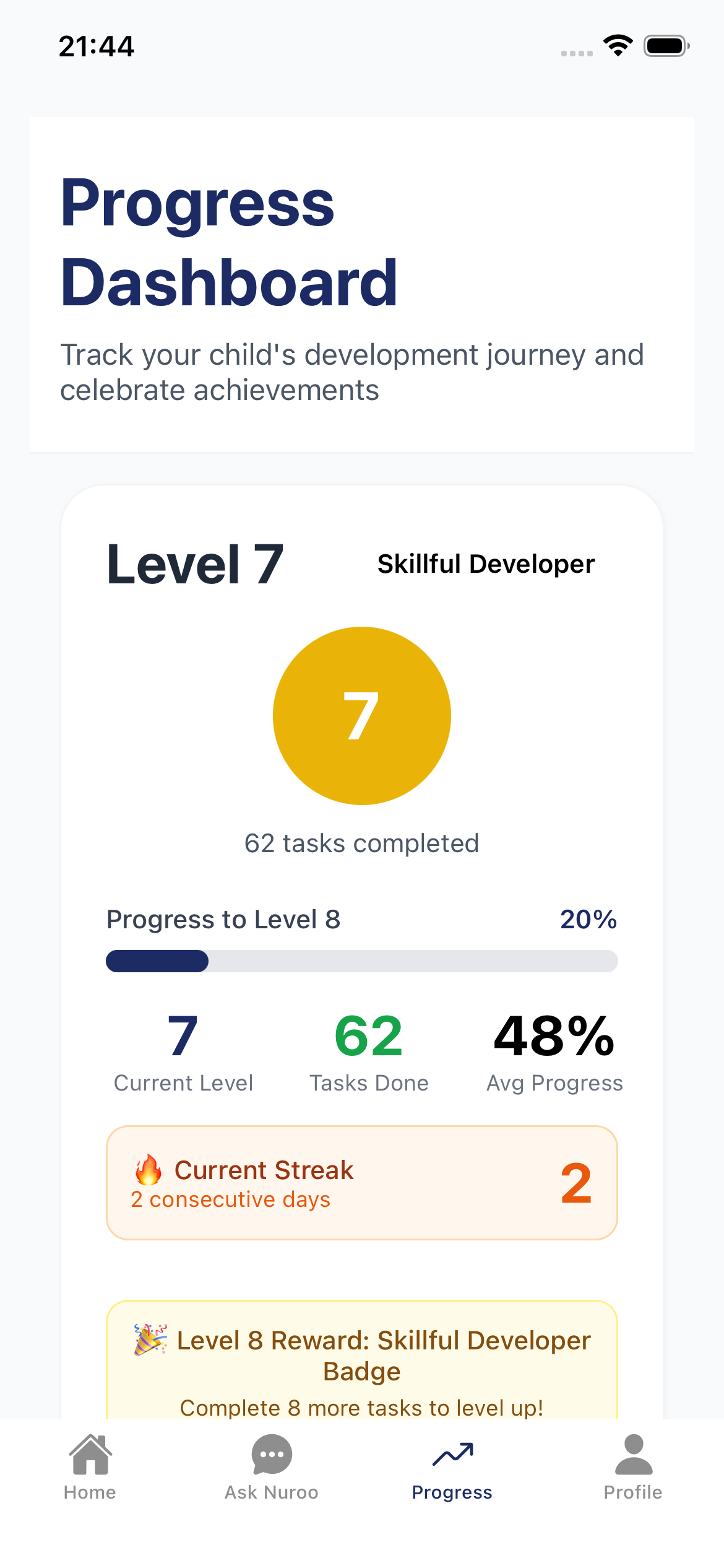 Nuroo Progress Dashboard - Track your child's development journey with AI-powered support