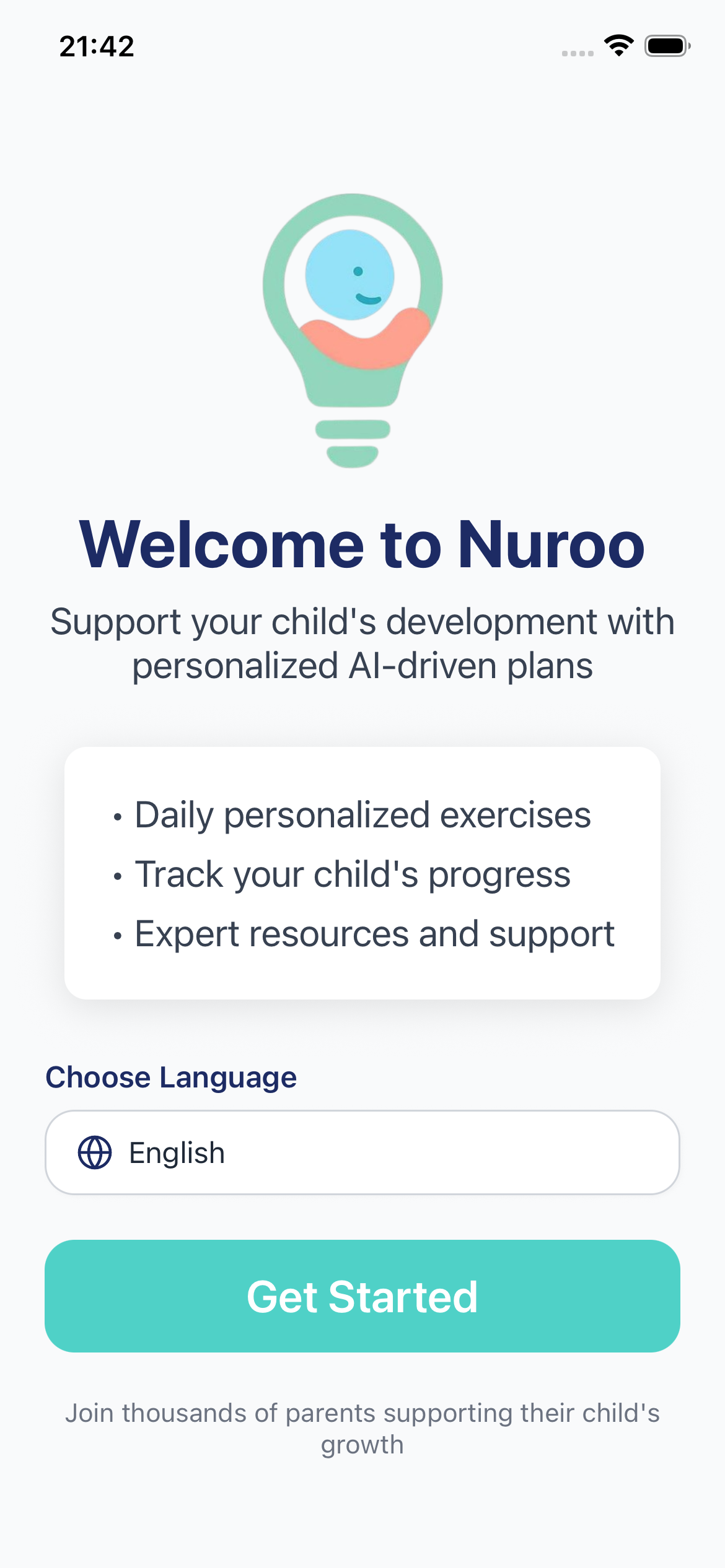 Nuroo Welcome Screen - Personalized onboarding for special needs support